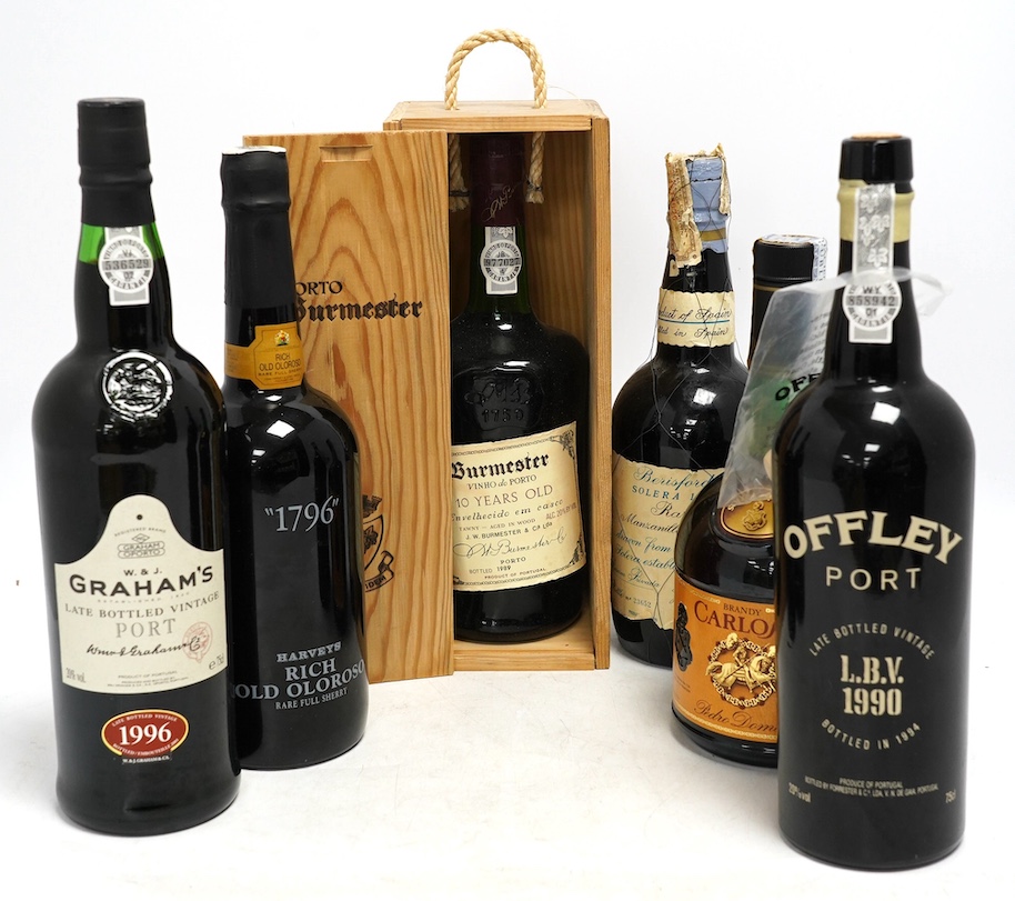 Six bottles of port, sherry etc. including Beresford Solera 1914, Grahams 1996, Harveys Rich Old Oloroso, Carlos I (6). Condition - fair to good